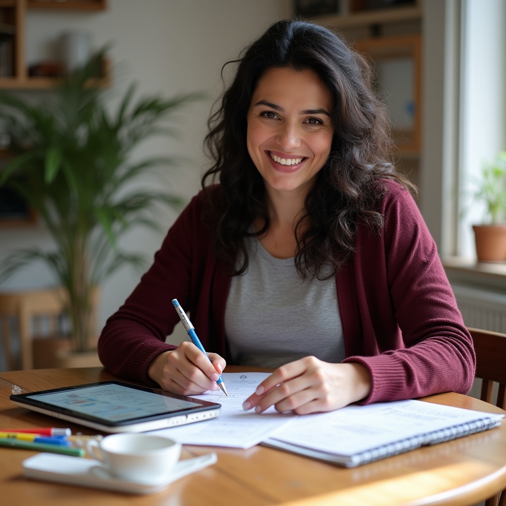 Independent tutor reviewing student materials at a desk