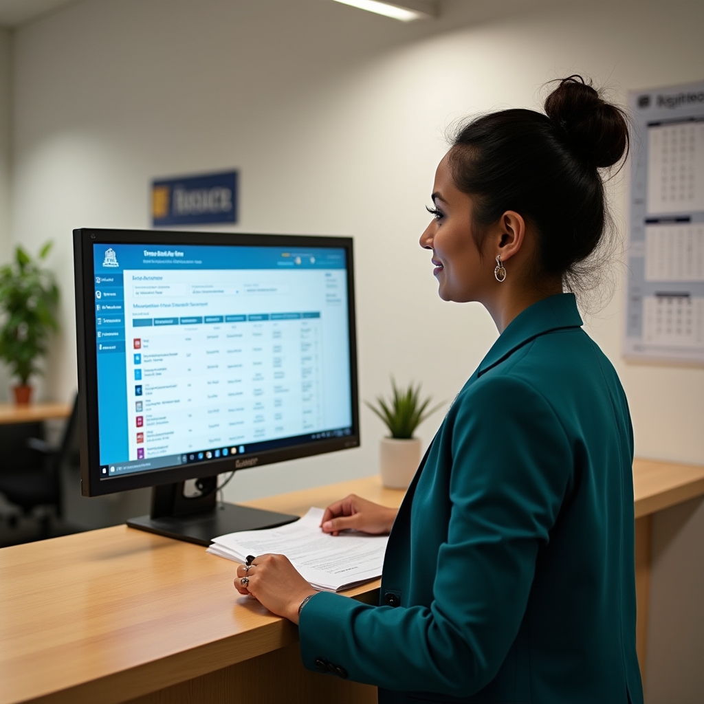 Learning center staff member managing student enrollment records on computer